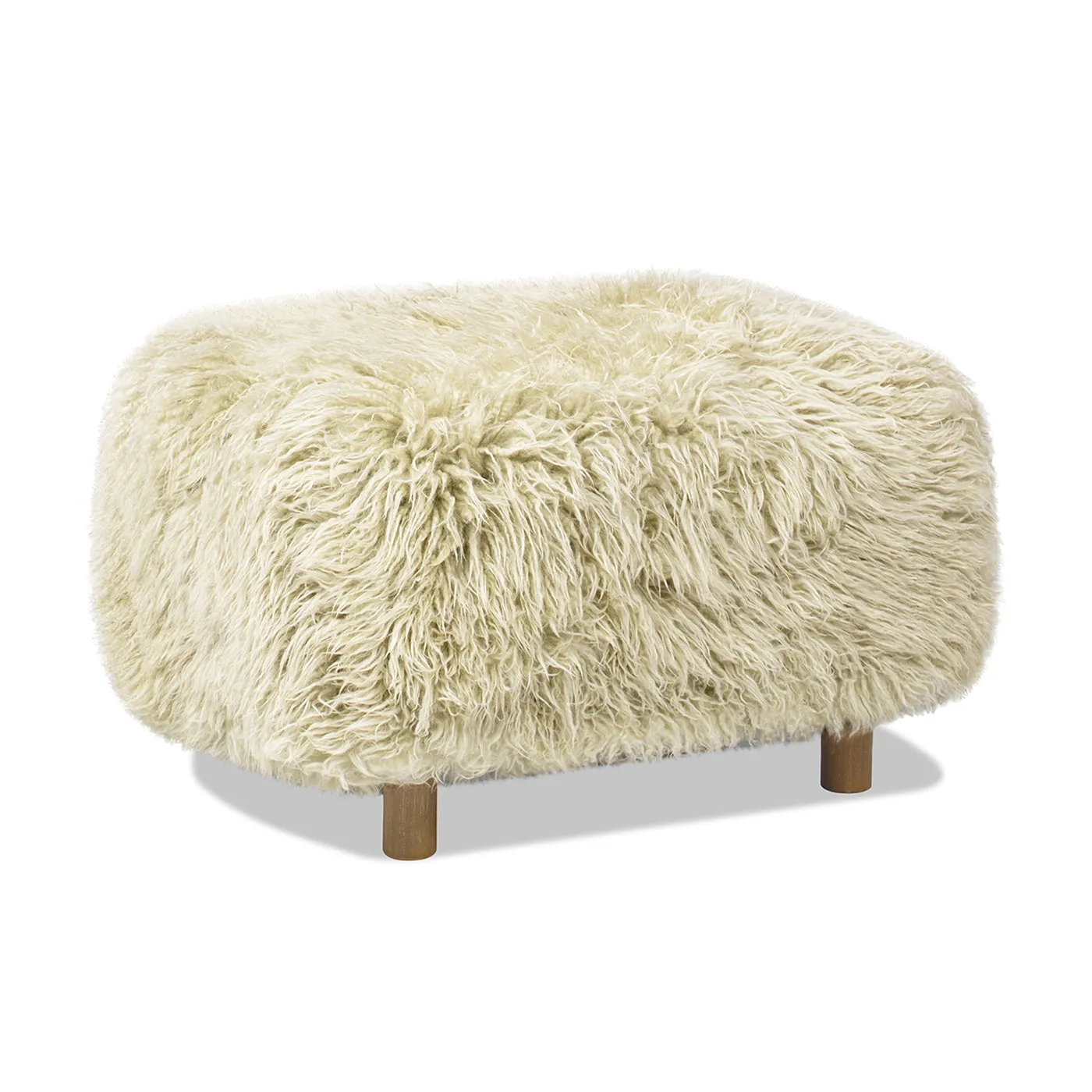 24.5" Mongolian Sheepskin Ottoman, Taupe Beige - Oak Legs, Luxe Chic Accent Piece