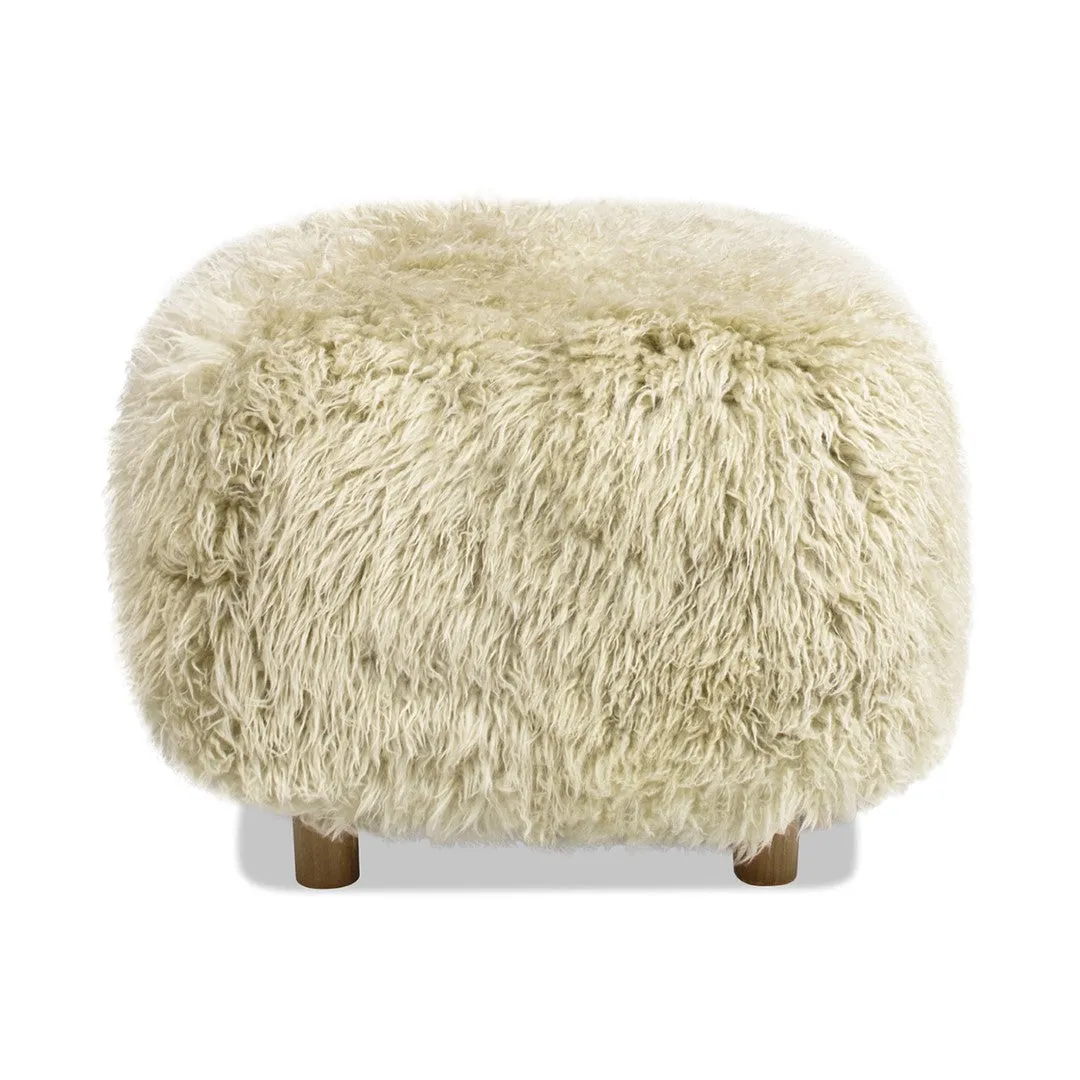 24.5" Mongolian Sheepskin Ottoman, Taupe Beige - Oak Legs, Luxe Chic Accent Piece