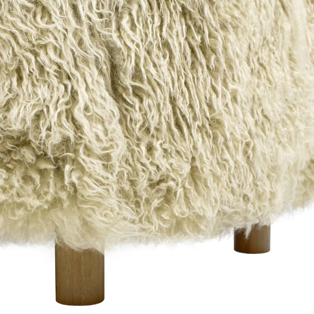 24.5" Mongolian Sheepskin Ottoman, Taupe Beige - Oak Legs, Luxe Chic Accent Piece