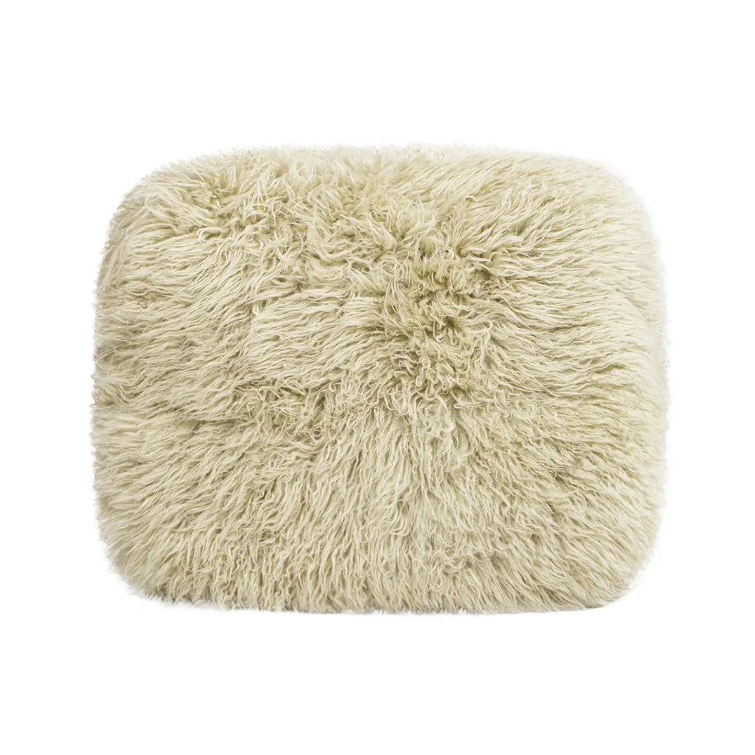 24.5" Mongolian Sheepskin Ottoman, Taupe Beige - Oak Legs, Luxe Chic Accent Piece