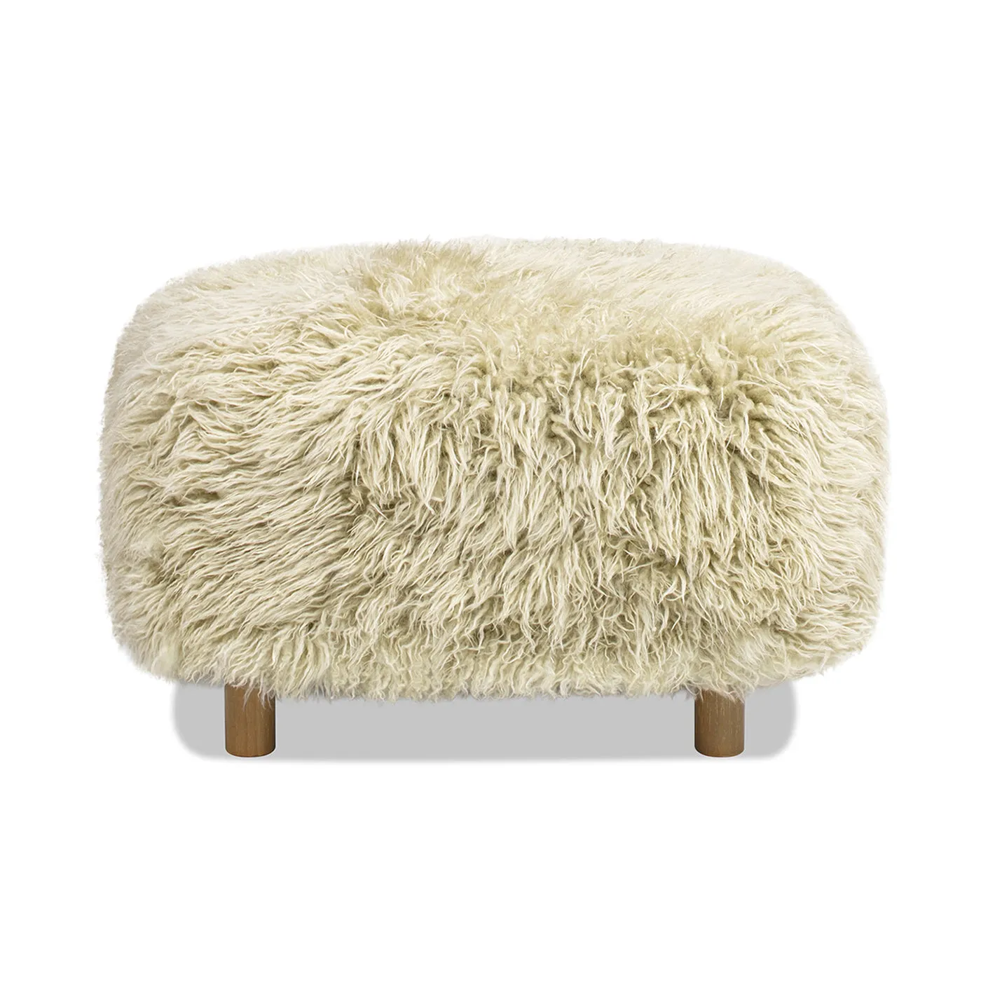24.5" Mongolian Sheepskin Ottoman, Taupe Beige - Oak Legs, Luxe Chic Accent Piece