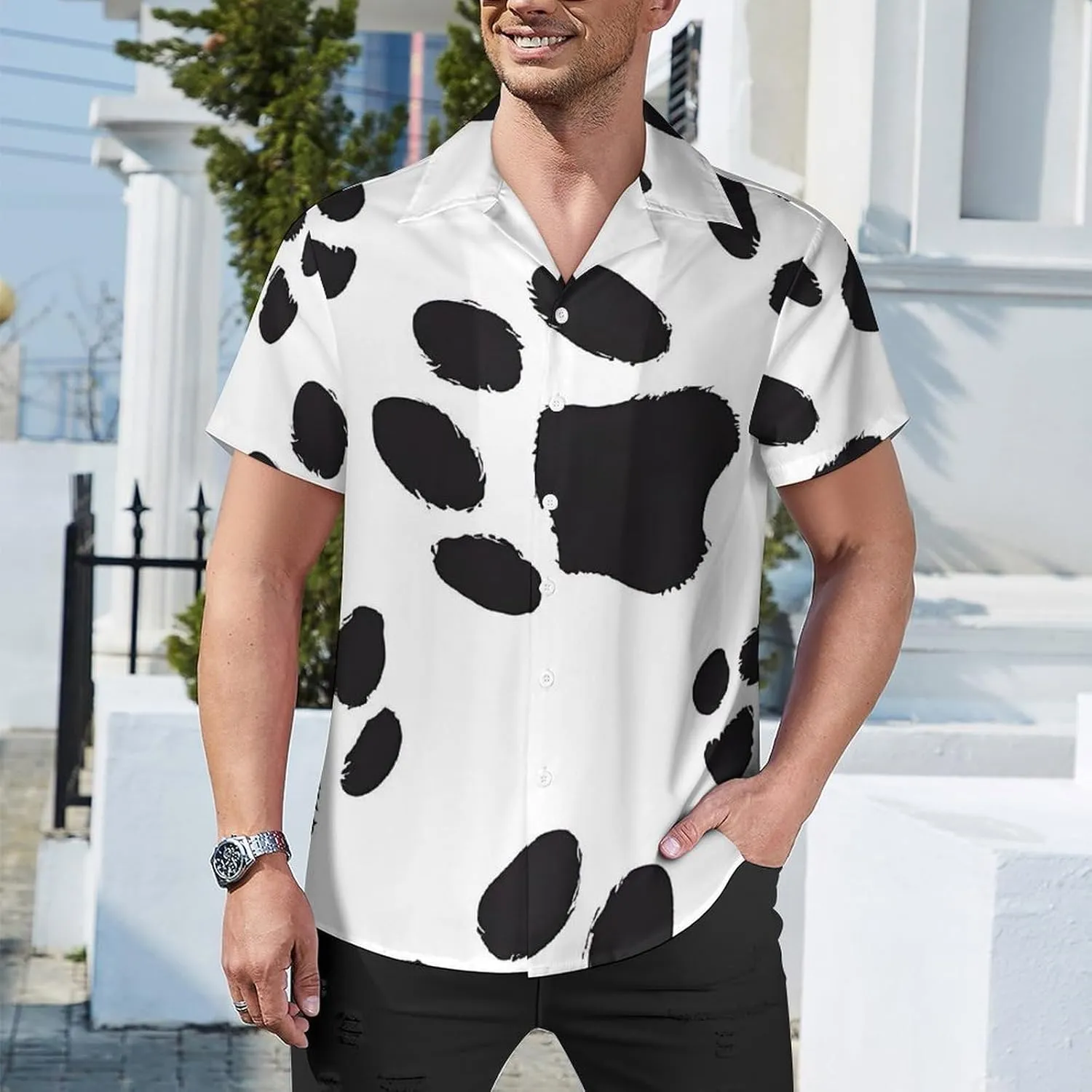 Animal Paw Prints Print Cuban Collar Shirt Classic Design for Comfort and Style