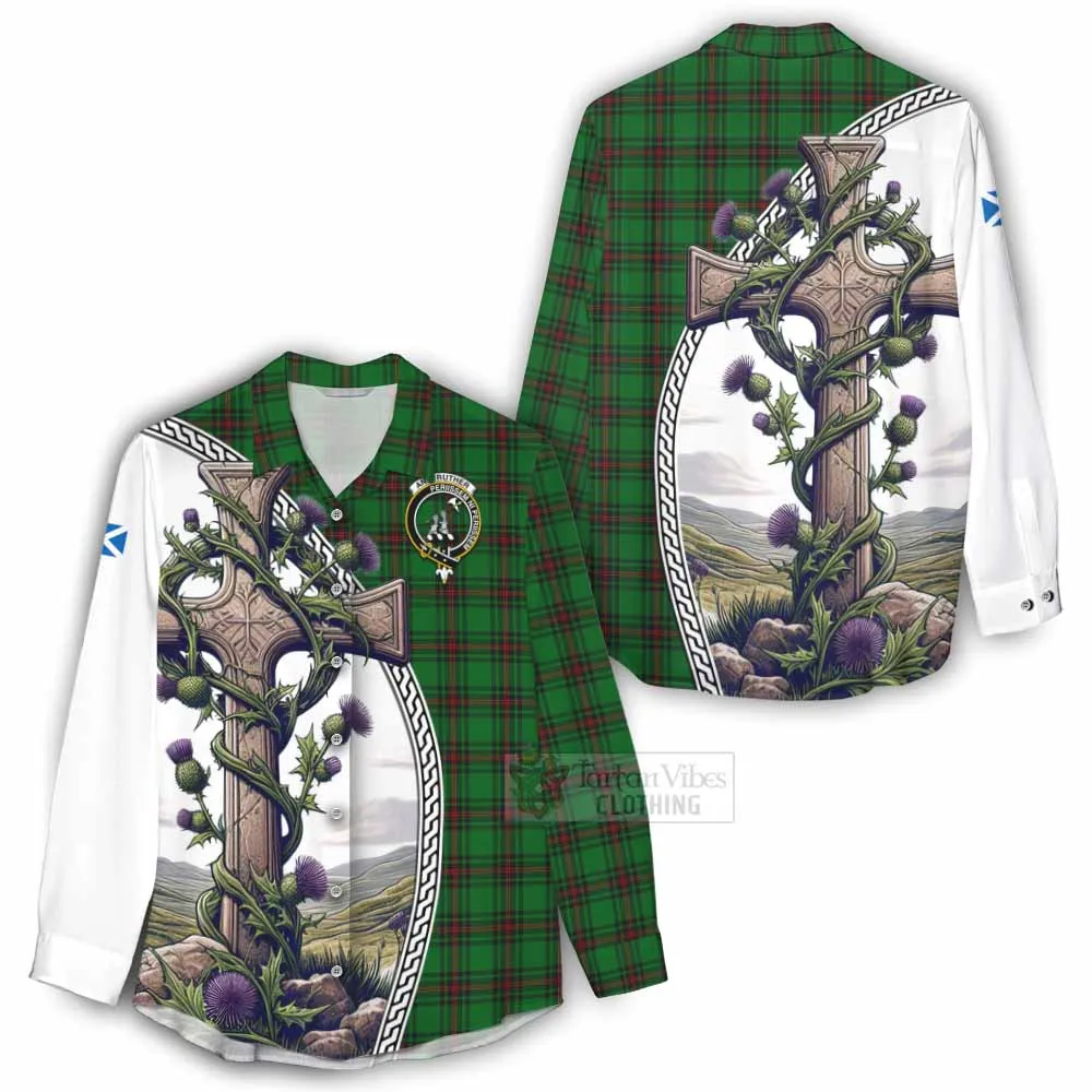 Anstruther Tartan Women's Casual Shirt with Family Crest and St. Andrew's Cross Accented by Thistle Vines