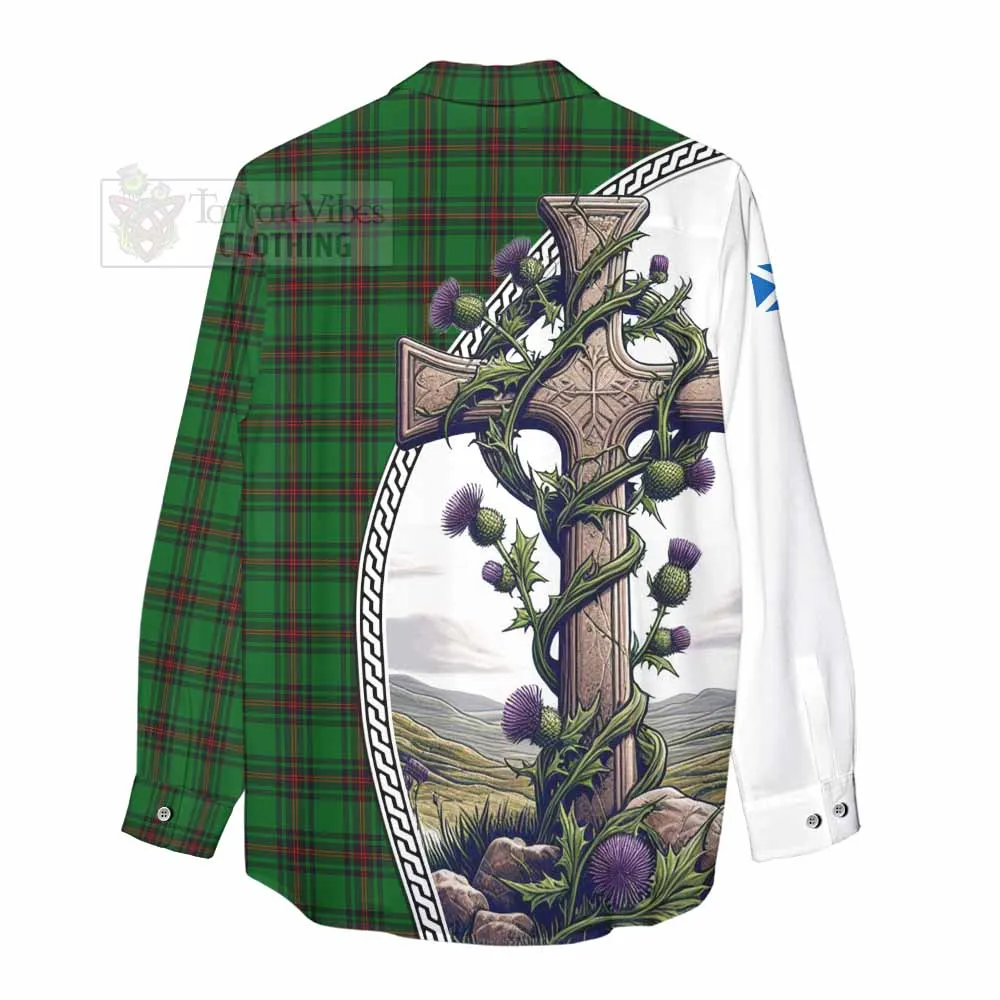 Anstruther Tartan Women's Casual Shirt with Family Crest and St. Andrew's Cross Accented by Thistle Vines