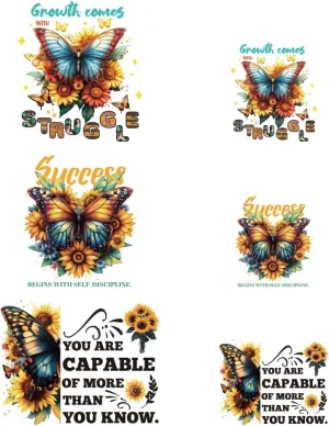 arricraft 6 Pcs Iron on Decals Patches, 6 Sizes Butterflies Flowers Iron on Stickers Inspirational Quotes Heat Transfer Stickers Plastic Washable Patches for Clothes Backpacks Cover