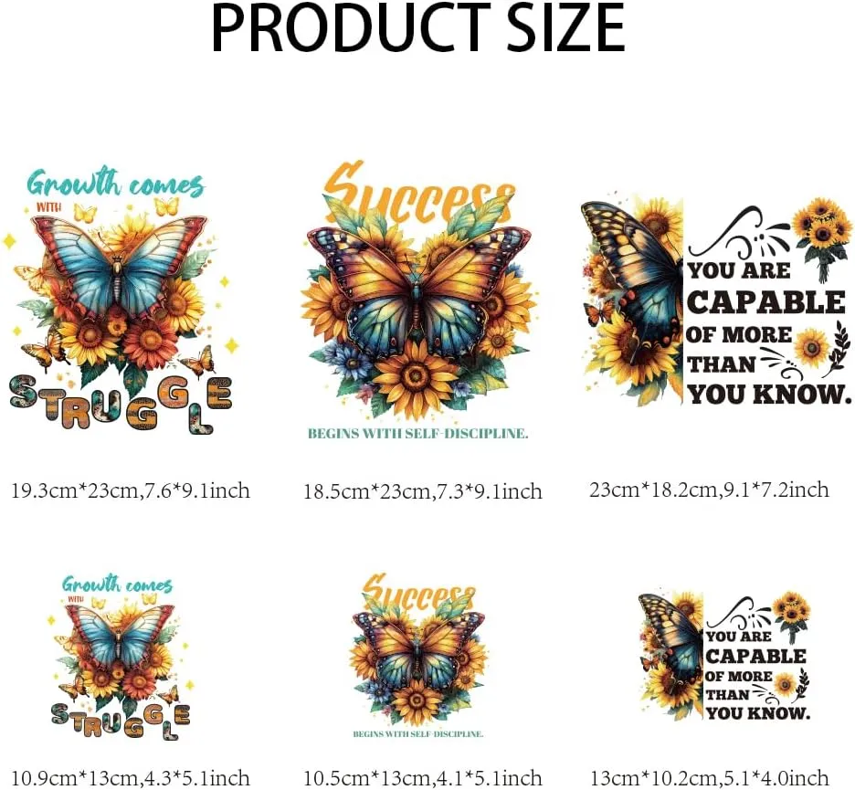 arricraft 6 Pcs Iron on Decals Patches, 6 Sizes Butterflies Flowers Iron on Stickers Inspirational Quotes Heat Transfer Stickers Plastic Washable Patches for Clothes Backpacks Cover