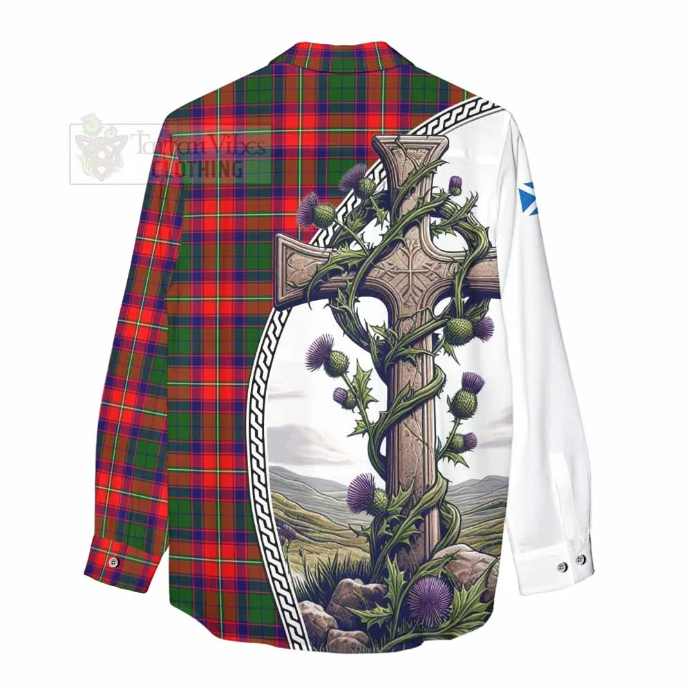 Belshes (Belsches) Tartan Women's Casual Shirt with Family Crest and St. Andrew's Cross Accented by Thistle Vines