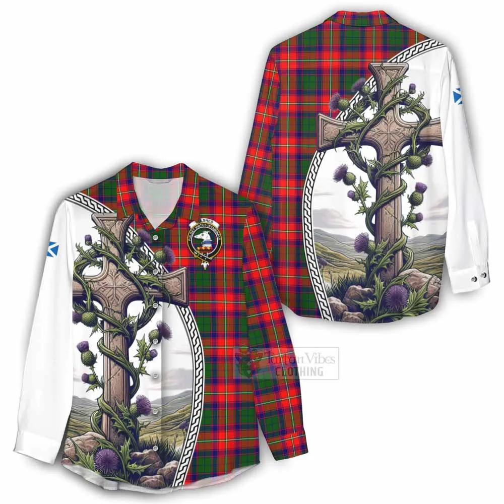 Belshes (Belsches) Tartan Women's Casual Shirt with Family Crest and St. Andrew's Cross Accented by Thistle Vines