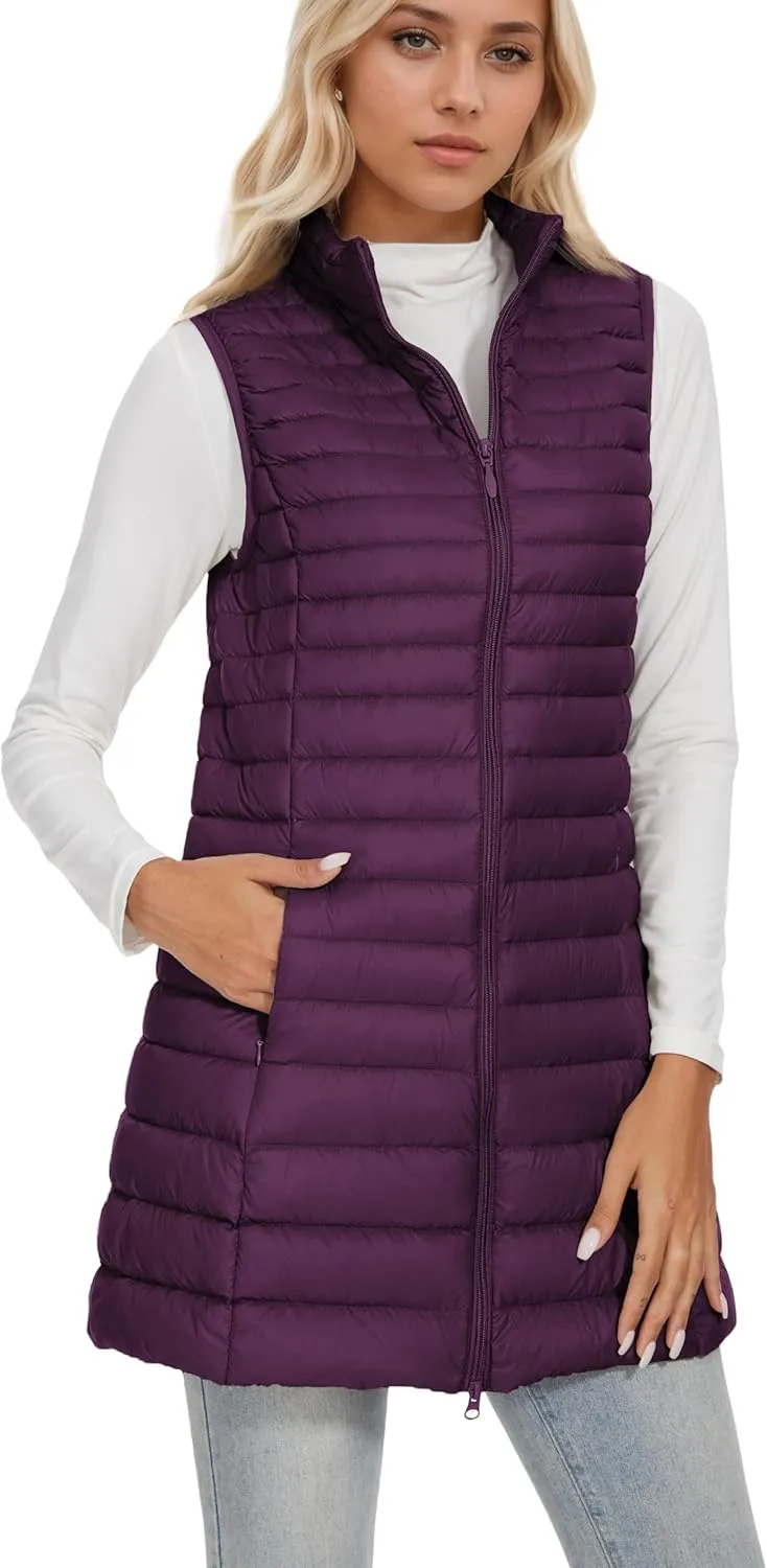 ELFJOY Long Puffer Vest Women Winter Ultra Light Long Down Vest with Stand Collar Black Womens Vests Outerwear