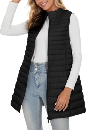 ELFJOY Long Puffer Vest Women Winter Ultra Light Long Down Vest with Stand Collar Black Womens Vests Outerwear