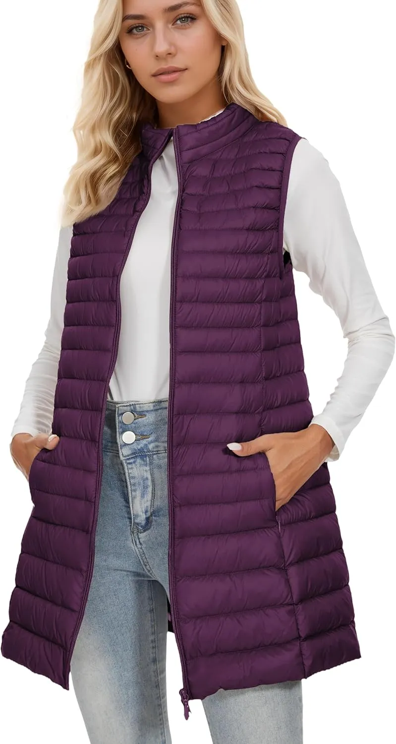 ELFJOY Long Puffer Vest Women Winter Ultra Light Long Down Vest with Stand Collar Black Womens Vests Outerwear