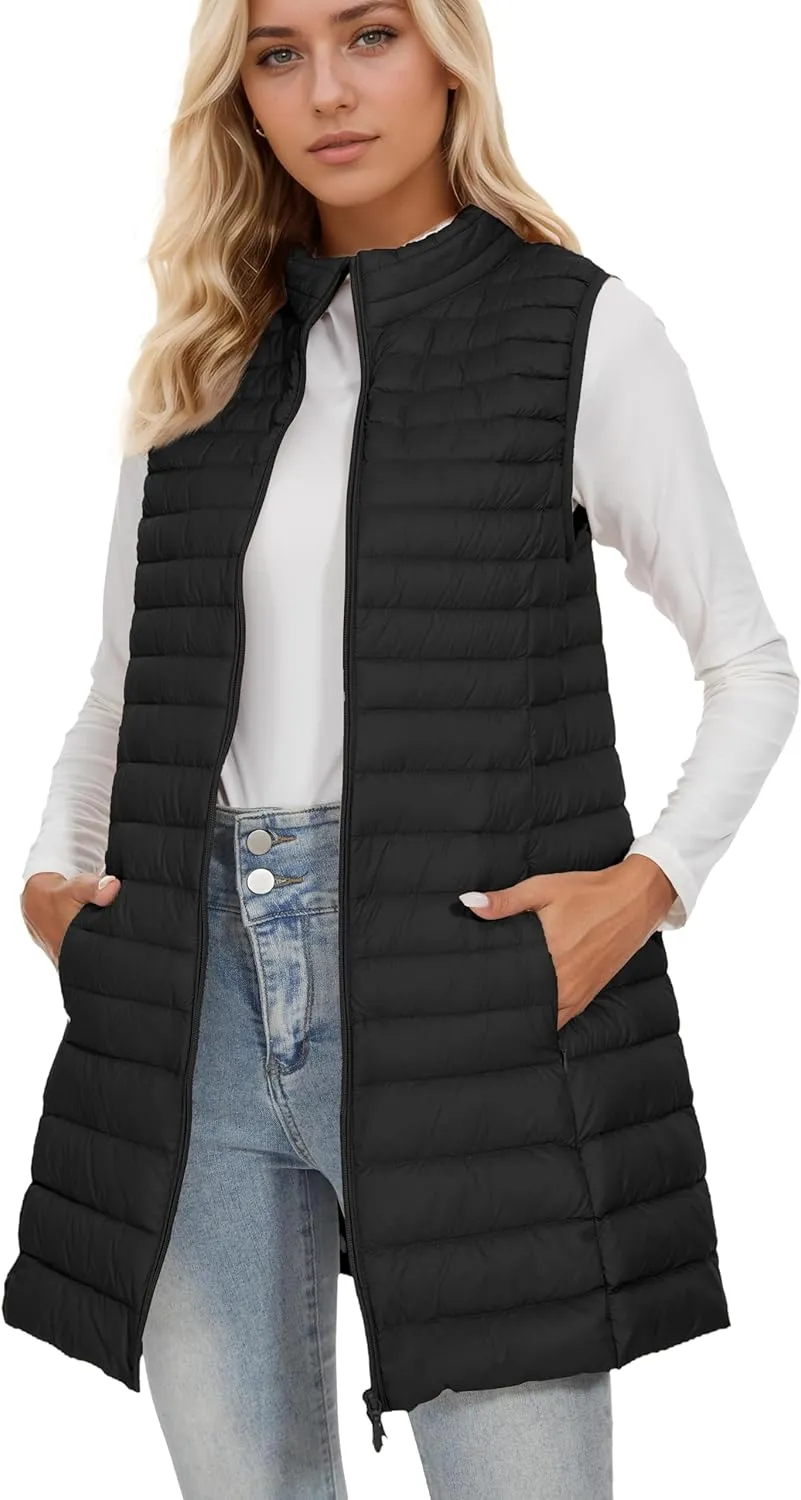 ELFJOY Long Puffer Vest Women Winter Ultra Light Long Down Vest with Stand Collar Black Womens Vests Outerwear