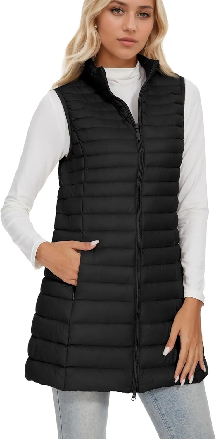 ELFJOY Long Puffer Vest Women Winter Ultra Light Long Down Vest with Stand Collar Black Womens Vests Outerwear