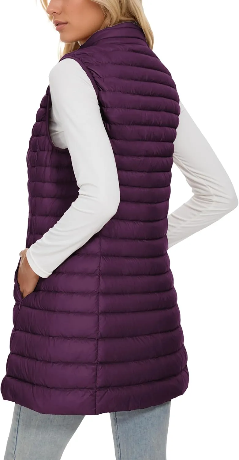 ELFJOY Long Puffer Vest Women Winter Ultra Light Long Down Vest with Stand Collar Black Womens Vests Outerwear