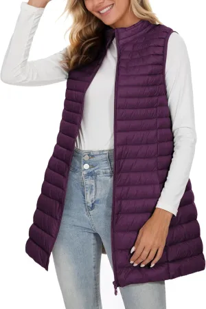 ELFJOY Long Puffer Vest Women Winter Ultra Light Long Down Vest with Stand Collar Black Womens Vests Outerwear