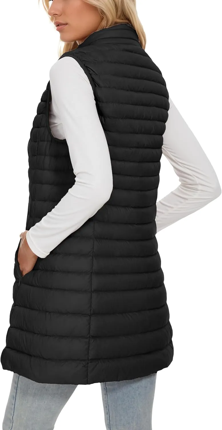 ELFJOY Long Puffer Vest Women Winter Ultra Light Long Down Vest with Stand Collar Black Womens Vests Outerwear