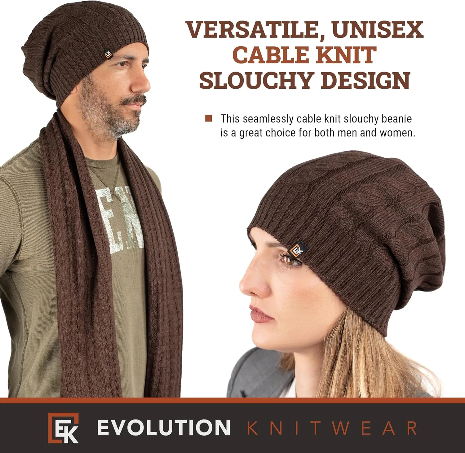 Evolution Knitwear Wool Cable Knit Beanie Hat for Men or Women - Super Soft Merino Wool - Made in The USA