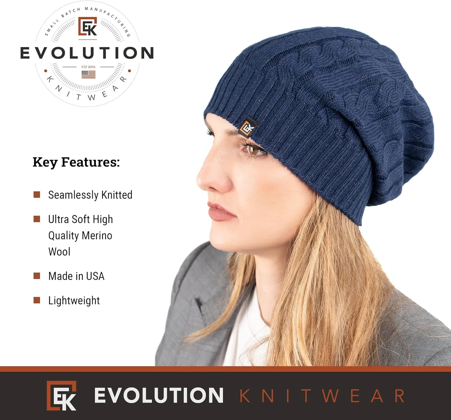 Evolution Knitwear Wool Cable Knit Beanie Hat for Men or Women - Super Soft Merino Wool - Made in The USA