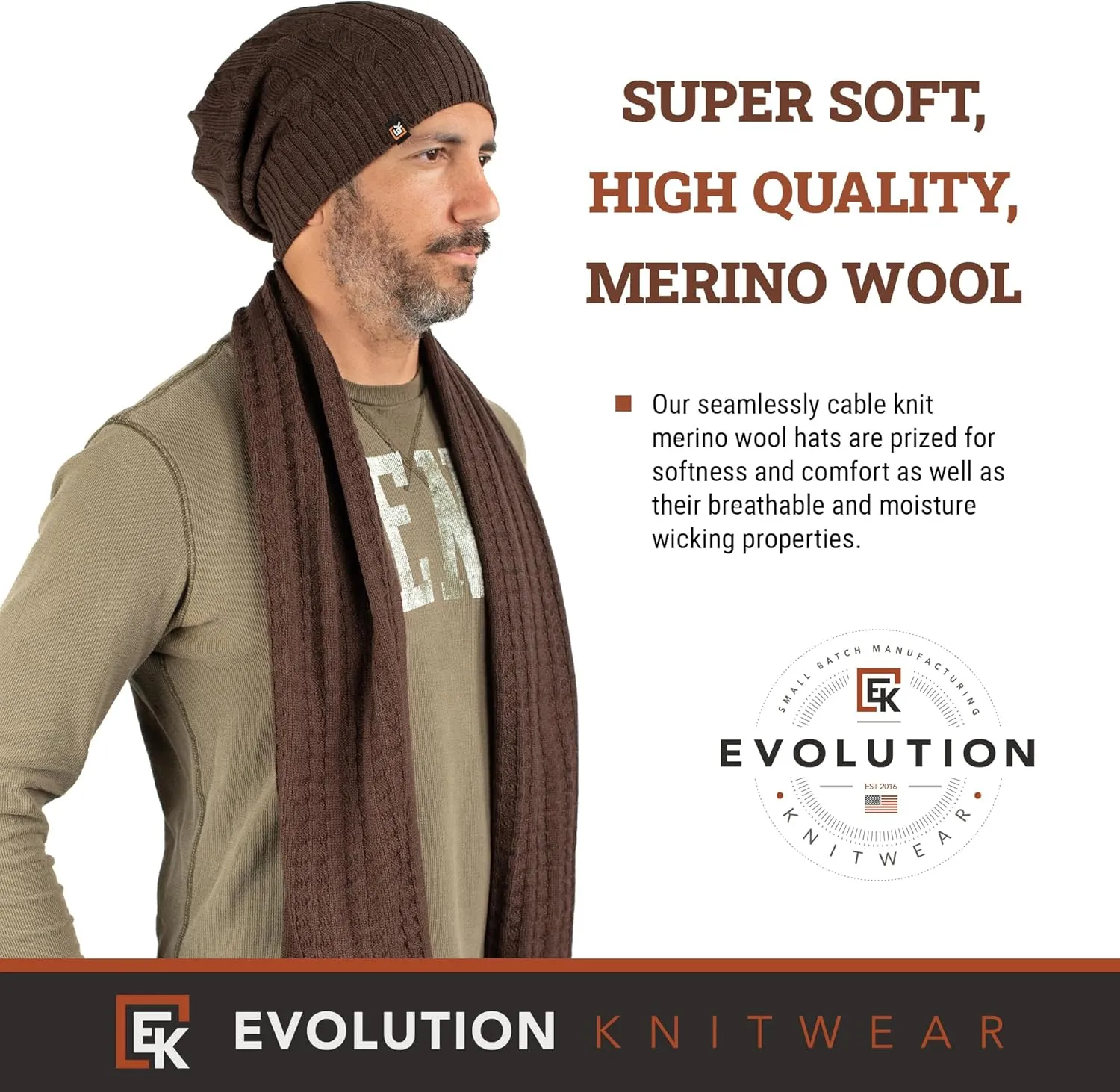 Evolution Knitwear Wool Cable Knit Beanie Hat for Men or Women - Super Soft Merino Wool - Made in The USA