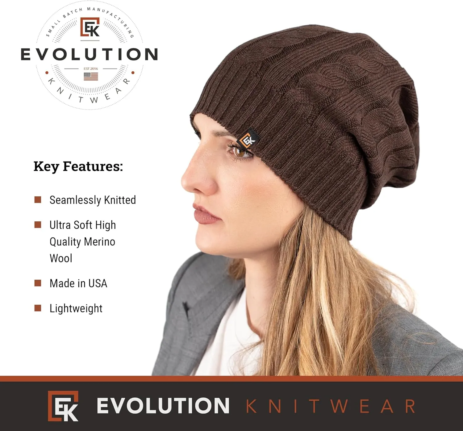 Evolution Knitwear Wool Cable Knit Beanie Hat for Men or Women - Super Soft Merino Wool - Made in The USA