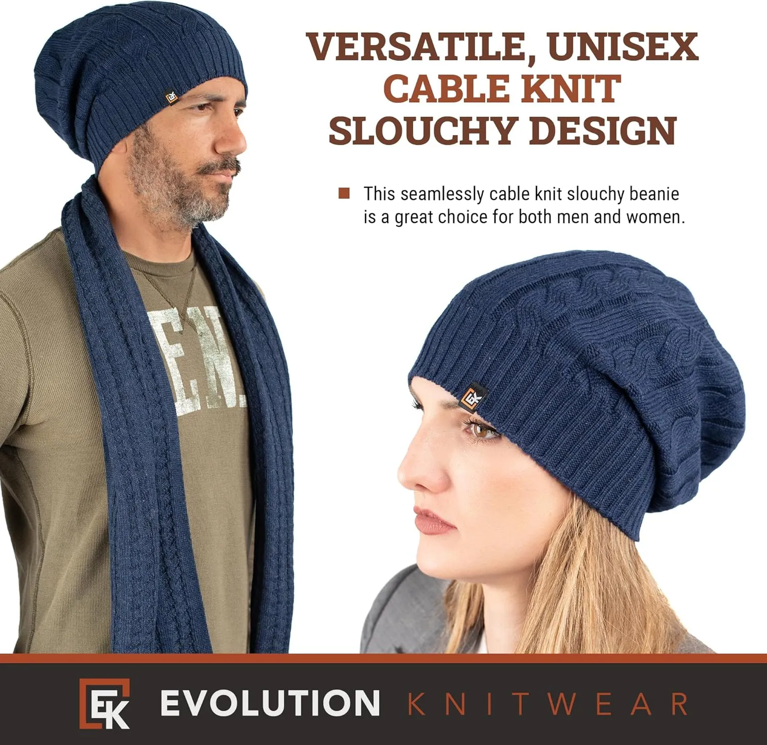 Evolution Knitwear Wool Cable Knit Beanie Hat for Men or Women - Super Soft Merino Wool - Made in The USA