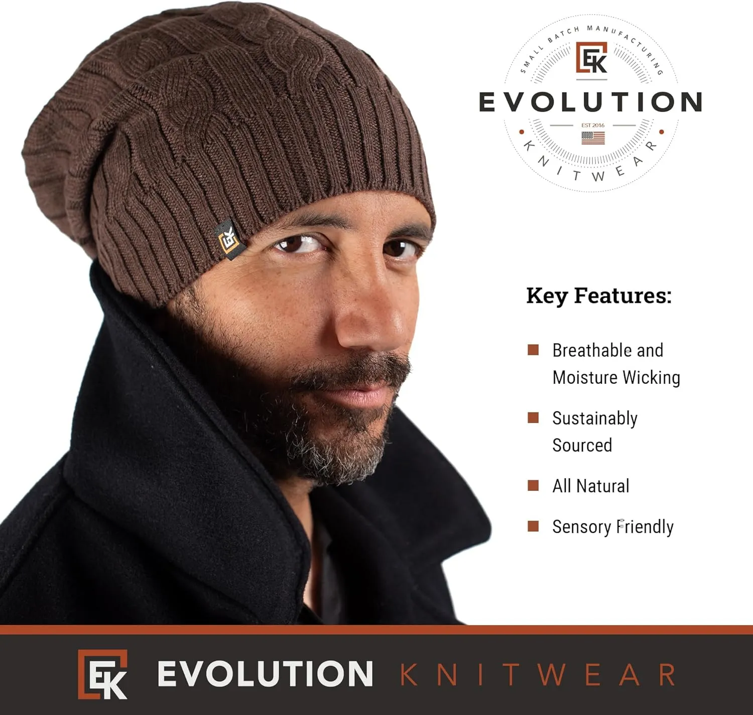 Evolution Knitwear Wool Cable Knit Beanie Hat for Men or Women - Super Soft Merino Wool - Made in The USA