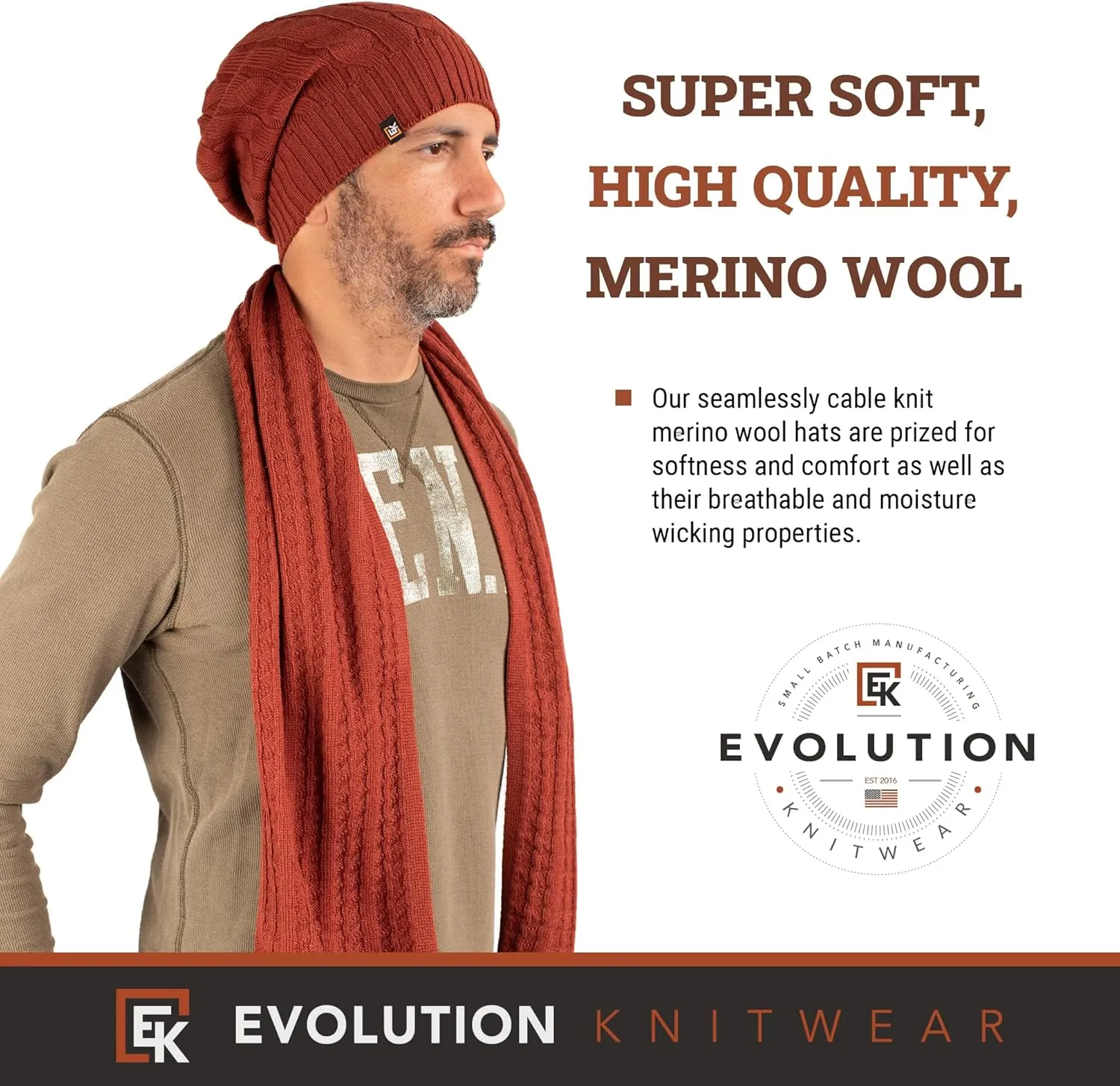 Evolution Knitwear Wool Cable Knit Beanie Hat for Men or Women - Super Soft Merino Wool - Made in The USA