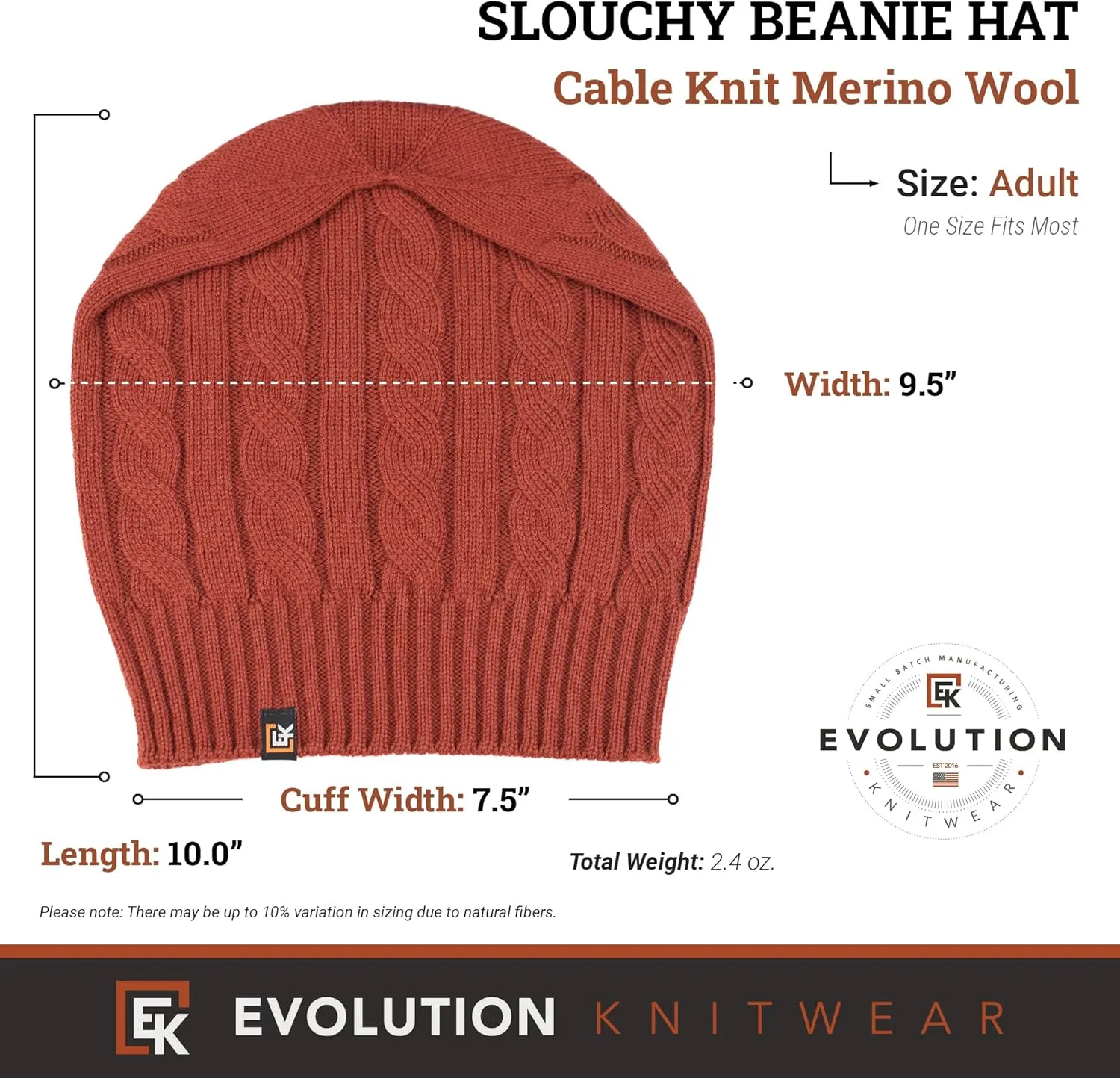 Evolution Knitwear Wool Cable Knit Beanie Hat for Men or Women - Super Soft Merino Wool - Made in The USA