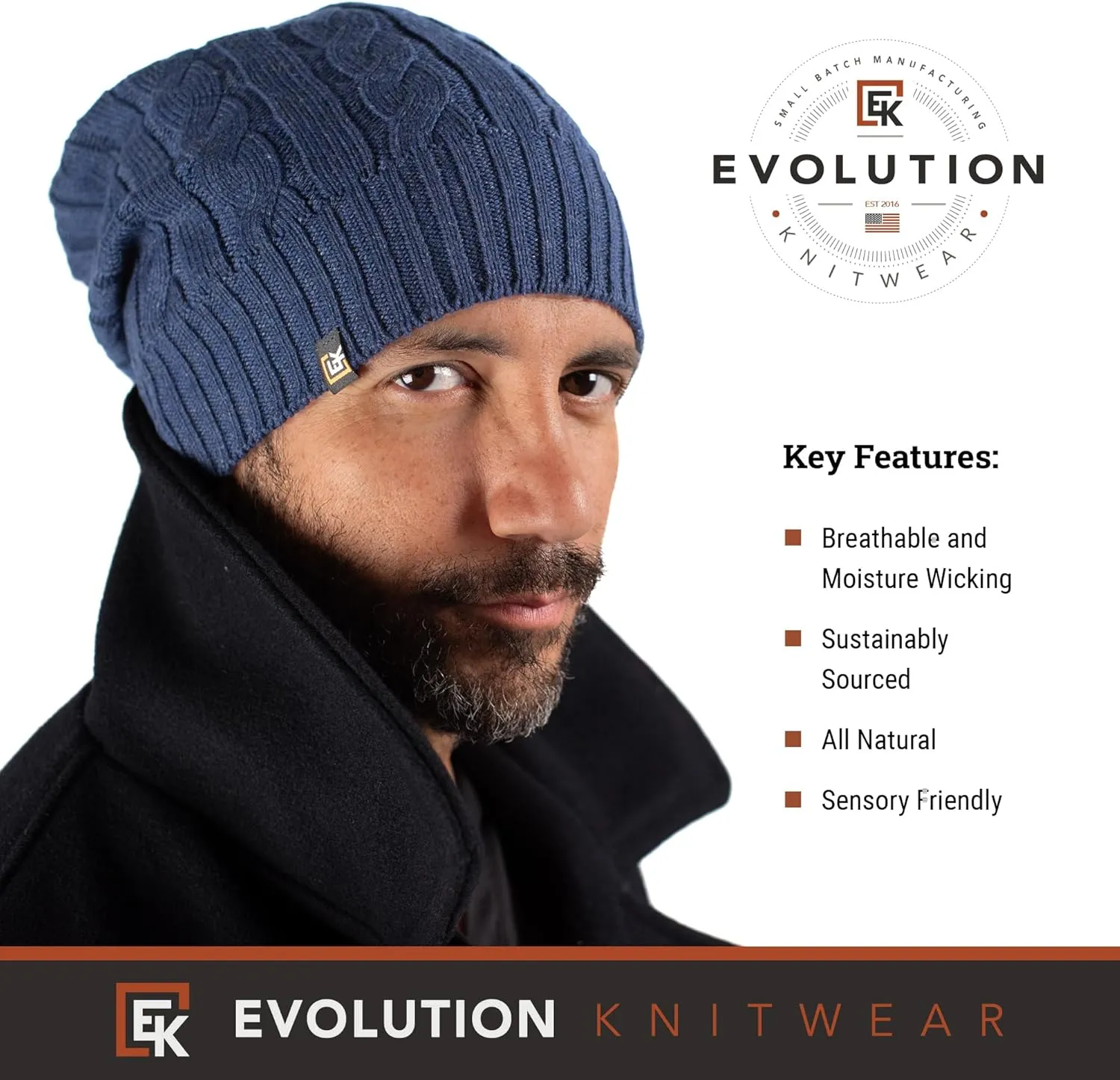 Evolution Knitwear Wool Cable Knit Beanie Hat for Men or Women - Super Soft Merino Wool - Made in The USA