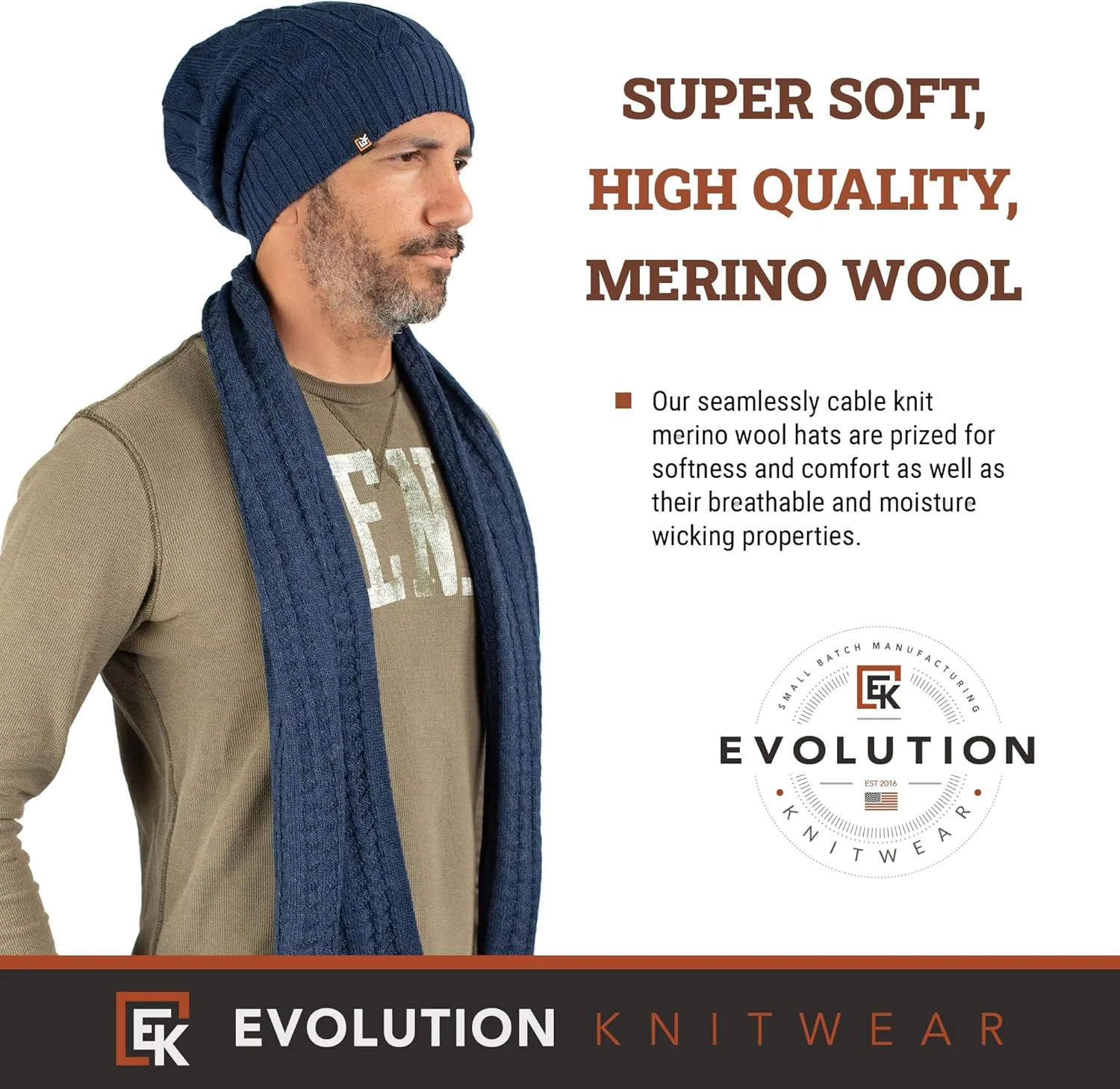 Evolution Knitwear Wool Cable Knit Beanie Hat for Men or Women - Super Soft Merino Wool - Made in The USA