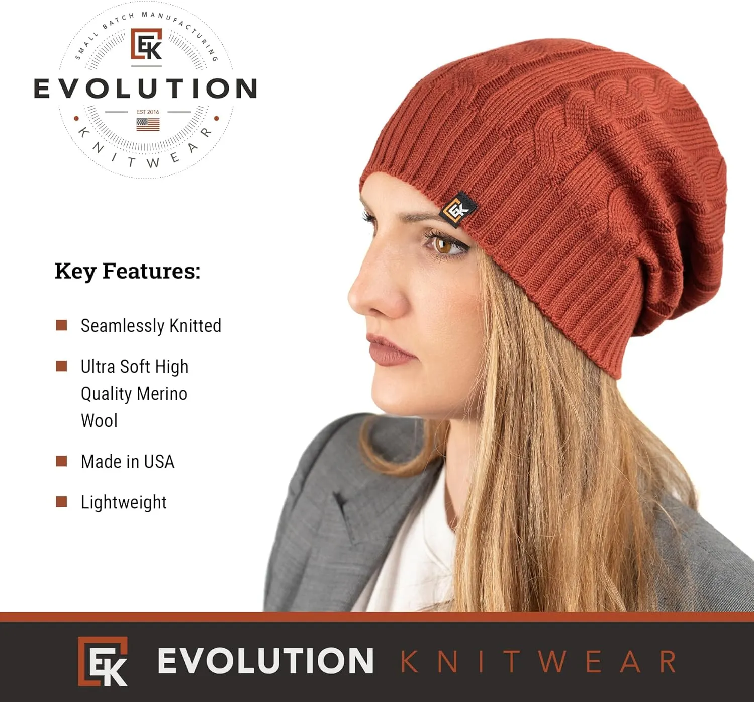 Evolution Knitwear Wool Cable Knit Beanie Hat for Men or Women - Super Soft Merino Wool - Made in The USA