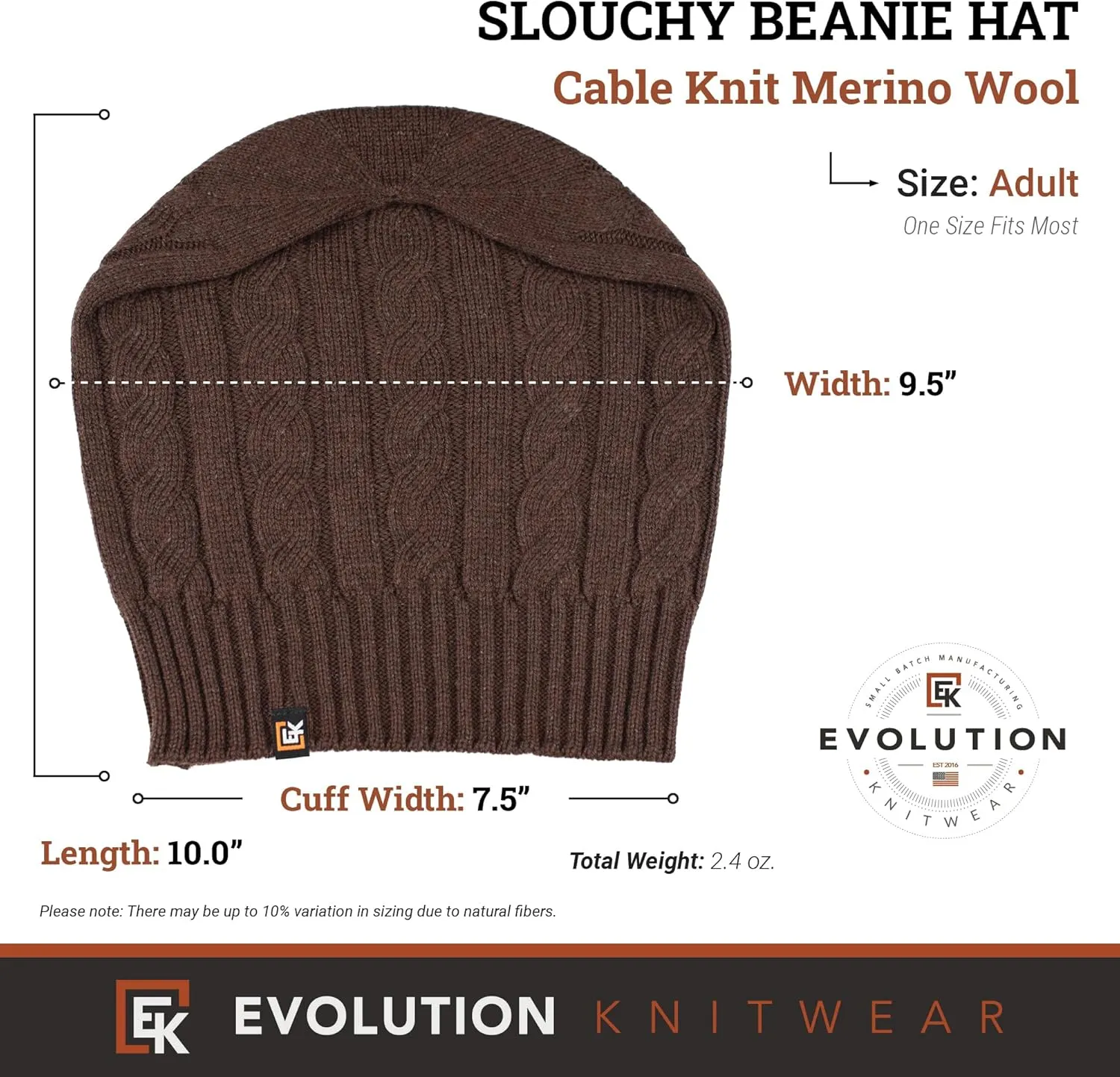 Evolution Knitwear Wool Cable Knit Beanie Hat for Men or Women - Super Soft Merino Wool - Made in The USA