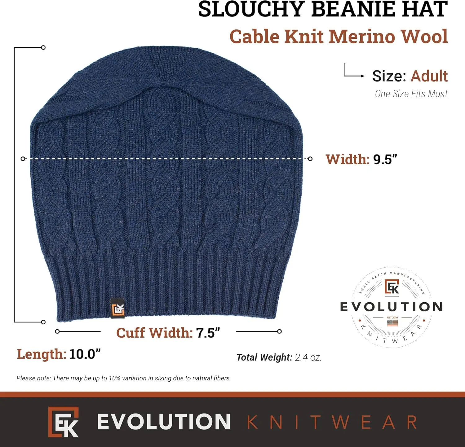 Evolution Knitwear Wool Cable Knit Beanie Hat for Men or Women - Super Soft Merino Wool - Made in The USA