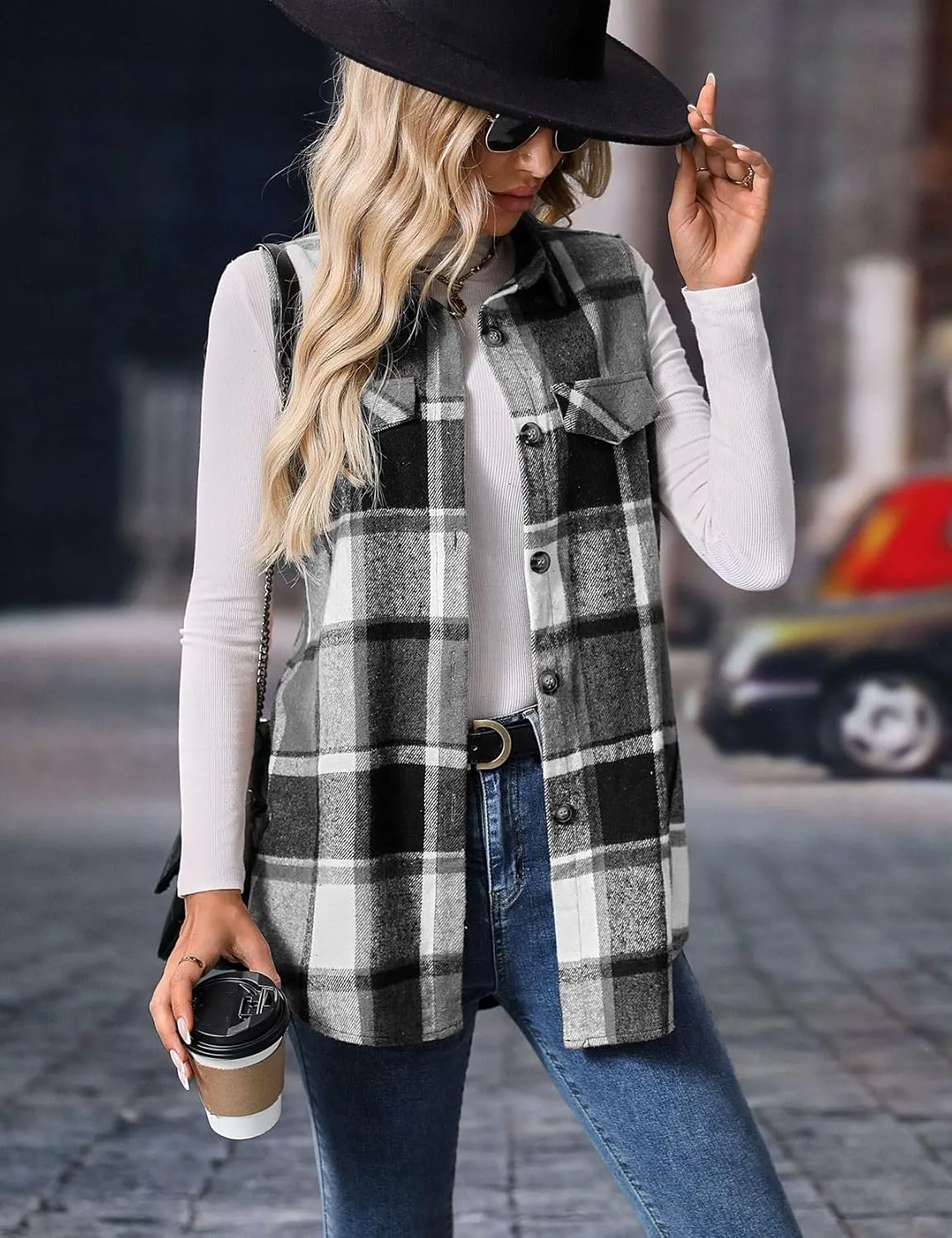 IDEALSANXUN Plaid Vest for Women Fall Winter Flannel Sleeveless Jacket Cardigan Outerwear