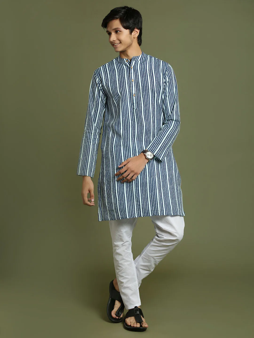 Jashvi Boys' Indigo Blue Striped Kurta And Pyjama Set