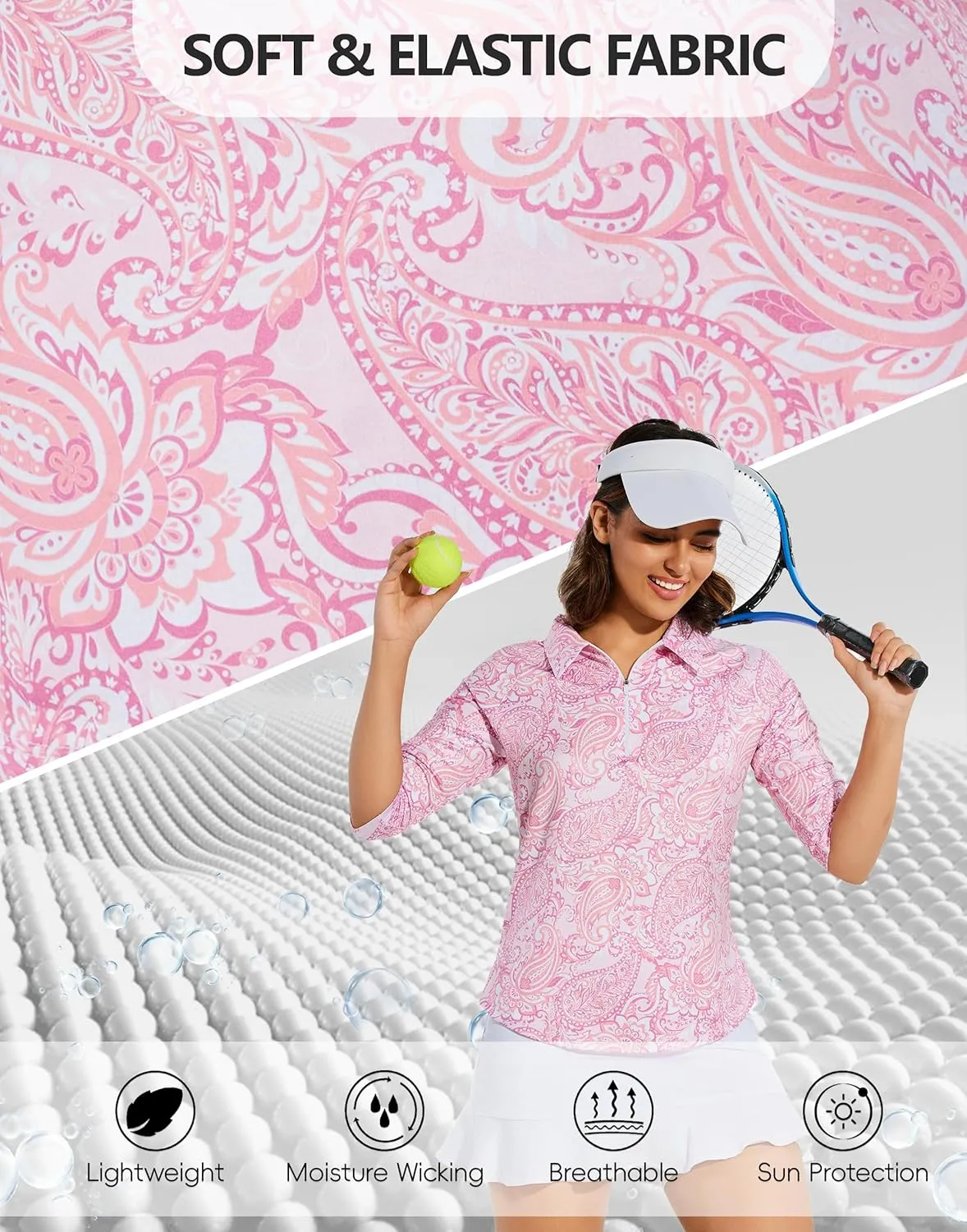 M MOTEEPI 3/4 Length Sleeve Womens Golf Polo Shirt Ladies Workout Tops Polo Shirts for Women Golf Pullover