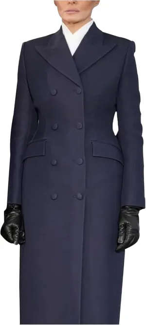 Melania Trump First Lady Inauguration Dress 2025 Double-Breasted Wool Long Coat, Professional Winter Outerwear