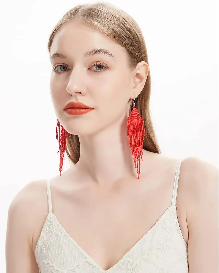Native Long Beaded Earrings  Bohemian Large Handmade Beaded Tassel Chandelier Dangle Earrings, Boho Big Mexican Tribal Seed Bead Fringe Drop Earrings for Women