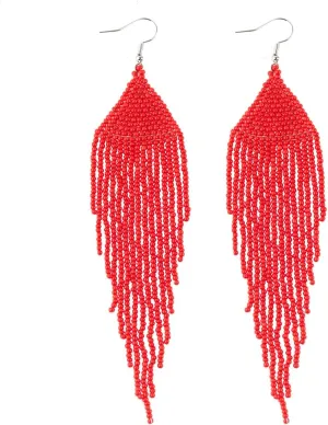 Native Long Beaded Earrings  Bohemian Large Handmade Beaded Tassel Chandelier Dangle Earrings, Boho Big Mexican Tribal Seed Bead Fringe Drop Earrings for Women