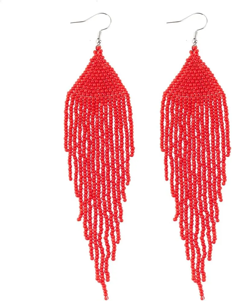 Native Long Beaded Earrings  Bohemian Large Handmade Beaded Tassel Chandelier Dangle Earrings, Boho Big Mexican Tribal Seed Bead Fringe Drop Earrings for Women