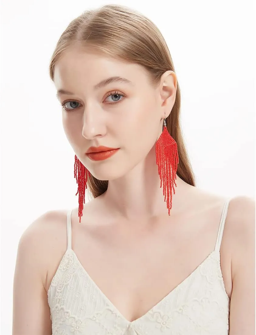 Native Long Beaded Earrings  Bohemian Large Handmade Beaded Tassel Chandelier Dangle Earrings, Boho Big Mexican Tribal Seed Bead Fringe Drop Earrings for Women