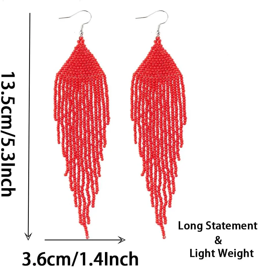 Native Long Beaded Earrings  Bohemian Large Handmade Beaded Tassel Chandelier Dangle Earrings, Boho Big Mexican Tribal Seed Bead Fringe Drop Earrings for Women