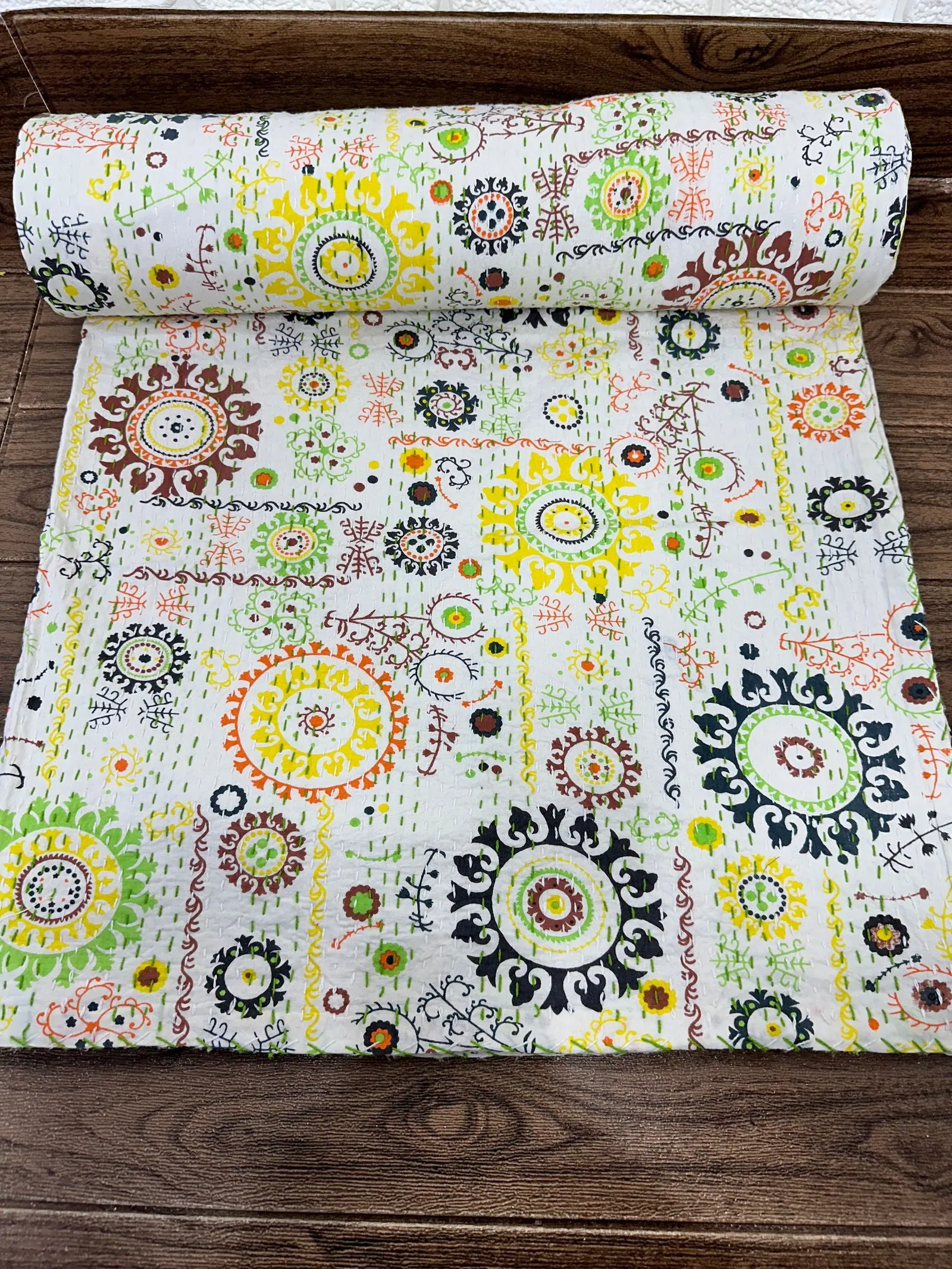 Pure Cotton Kantha Stitch Throw | Indian Hand Block Quilted King Size Bedspread/Sofa Cover Home Decor | Flower Reversible Print White