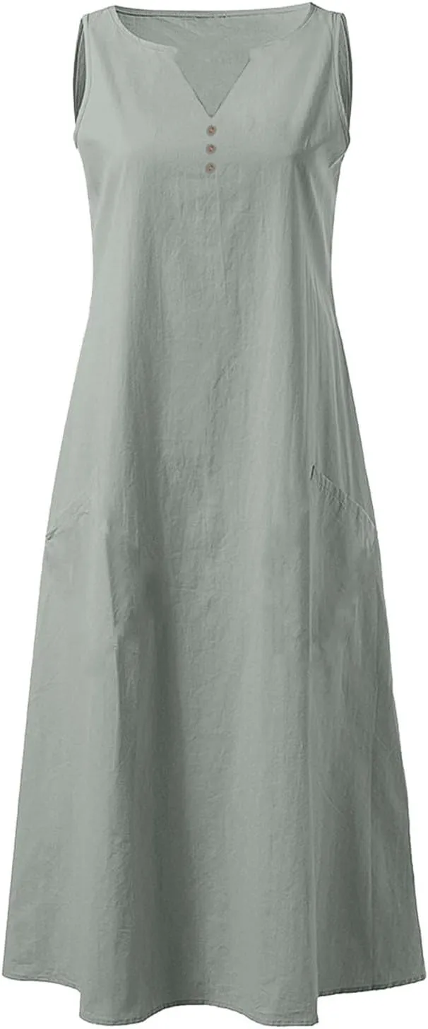 Summer Linen Dresses for Women 2025 Button V Neck Sleeveless Casual Sundress Beach Vacation Tank Dress with Pockets