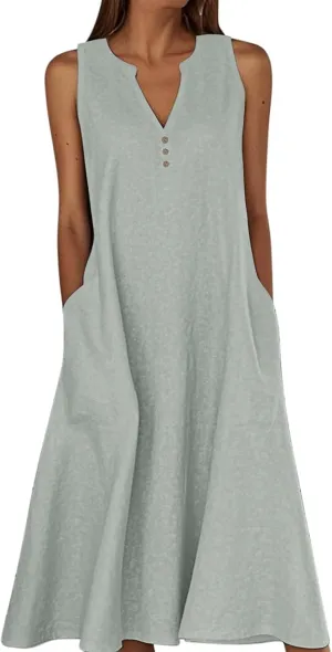 Summer Linen Dresses for Women 2025 Button V Neck Sleeveless Casual Sundress Beach Vacation Tank Dress with Pockets