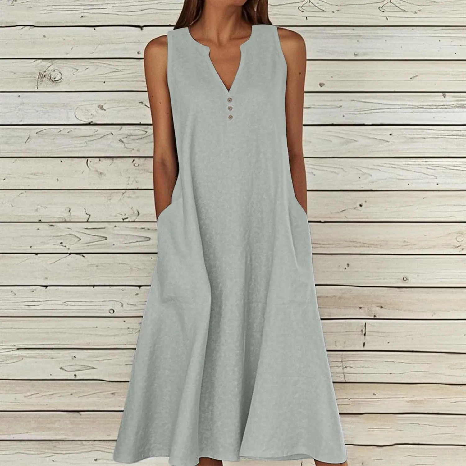 Summer Linen Dresses for Women 2025 Button V Neck Sleeveless Casual Sundress Beach Vacation Tank Dress with Pockets