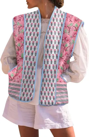 Tankaneo Womens Floral Quilted Puffer Vest Oversized Open Front Cap Sleeve Jacket Sleeveless Patchwork Outerwear