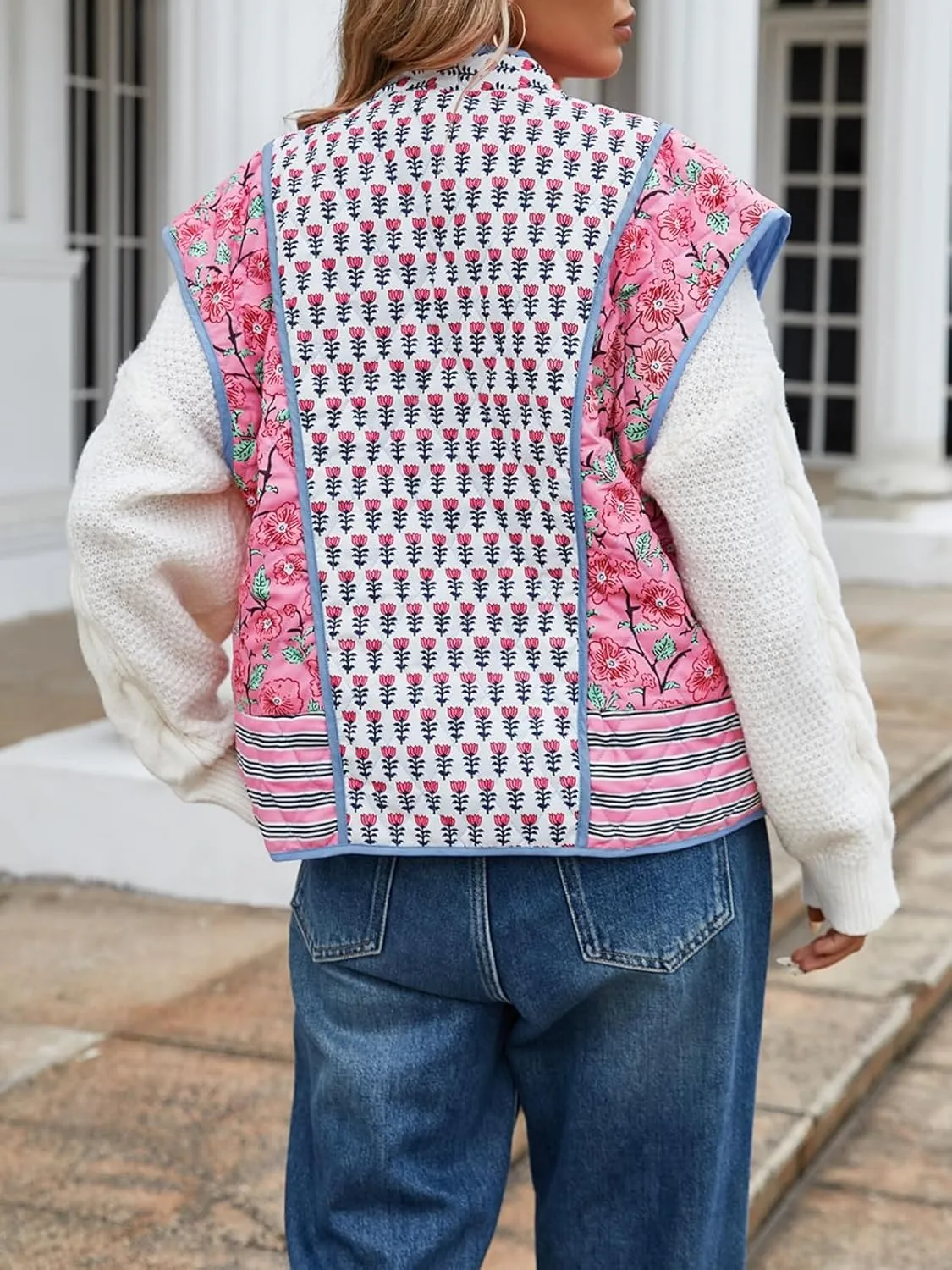 Tankaneo Womens Floral Quilted Puffer Vest Oversized Open Front Cap Sleeve Jacket Sleeveless Patchwork Outerwear