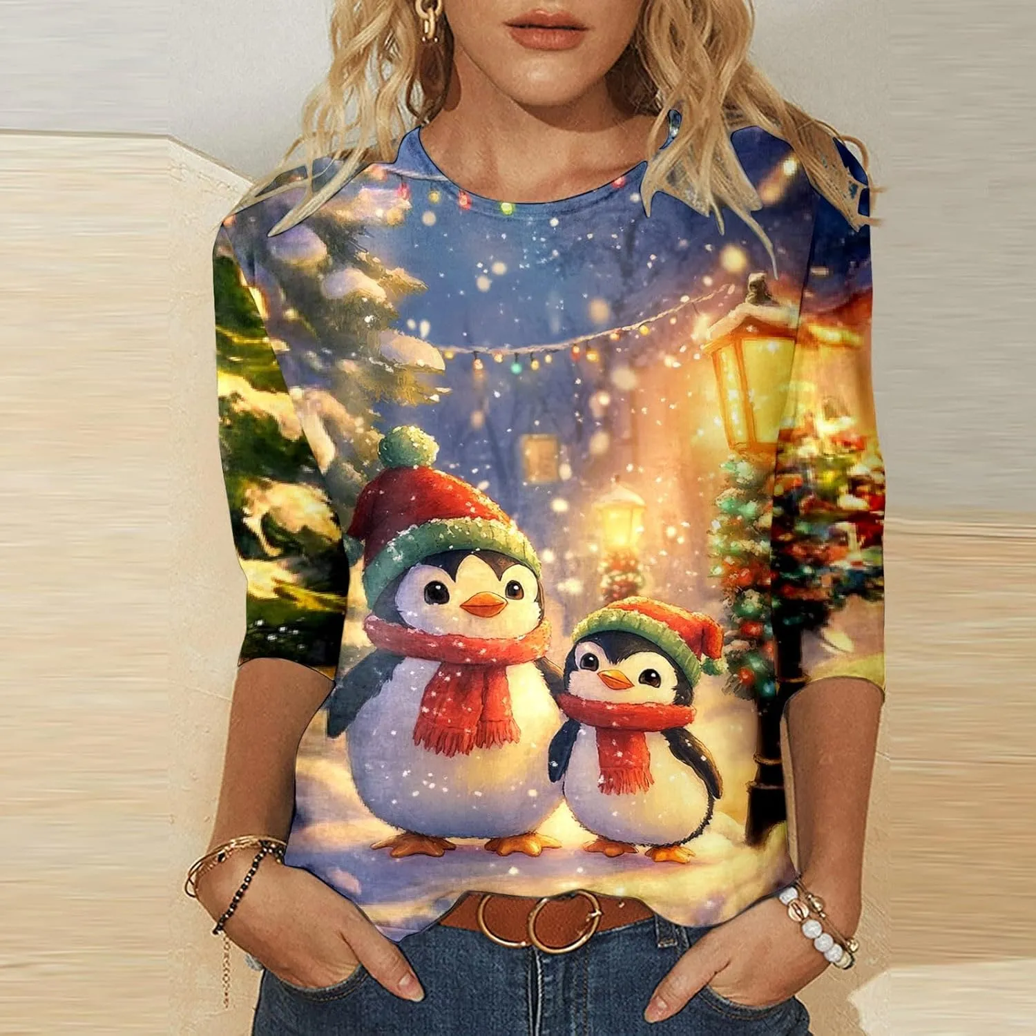 Womens Christmas Shirts Long Sleeve Funny Penguin Crewneck Sweatshirts Holiday Casual Graphic Pullover Sweaters
