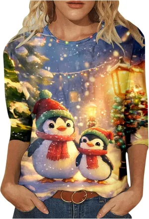 Womens Christmas Shirts Long Sleeve Funny Penguin Crewneck Sweatshirts Holiday Casual Graphic Pullover Sweaters